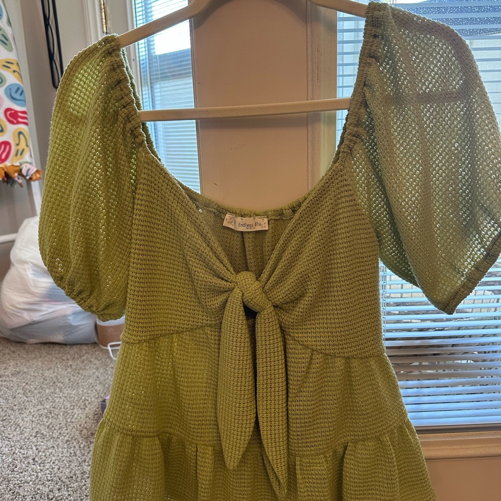 Green Puff Sleeve Blouse with Tie Front and Smocked Details